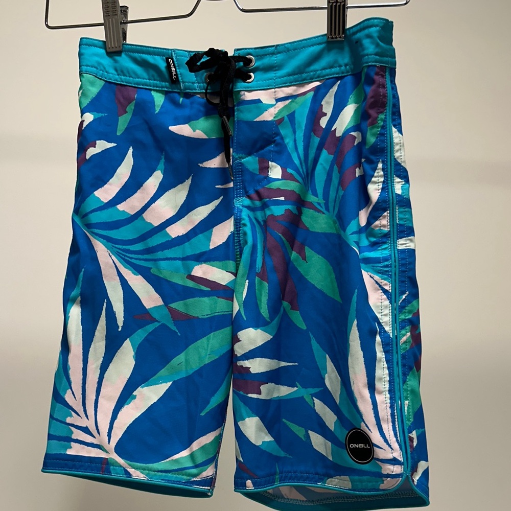 O'Neill Teal and Purple Leaf Print Board Shorts
